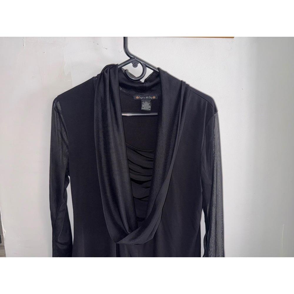 Suzie in the City Black Cowl Neck Ruched Top Sheer Mesh Long Sleeve 103759